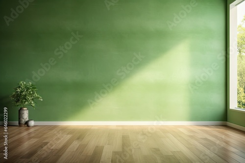 Sunlight falling into an empty room with a green mock up wall.