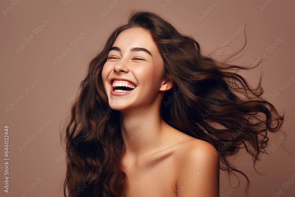 Portrait of beautiful cheerful girl with flying hair smiling laughing looking at camera on dark background Portrait of beautiful cheerful girl with flying hair smiling laughing looking at camera on dark background