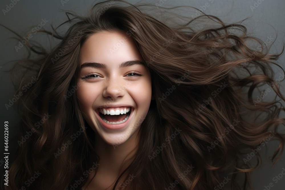 Fototapeta premium Portrait of beautiful cheerful girl with flying hair smiling laughing looking at camera on dark background