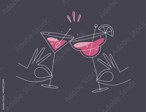 Obraz na płótnie Hand holding margarita and manhattan cocktails clinking glasses drawing in flat line style on dark blue background w salonie