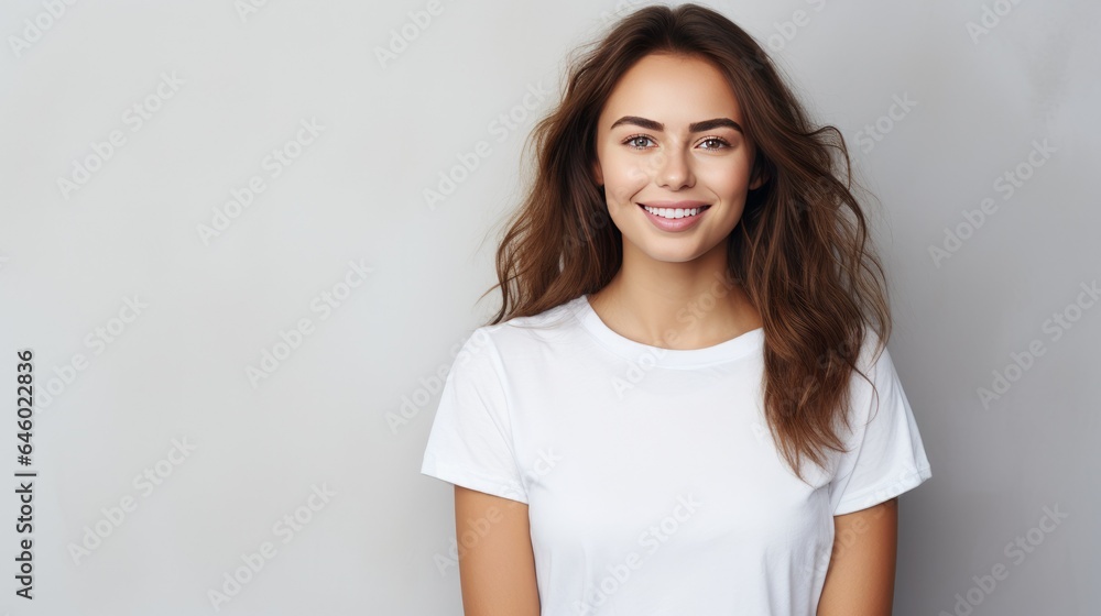Young Woman with Flowing Brown Hair and Sparkling Blue Eyes. Casual and Stylish in White T-Shirt and Jeans. Warm Smile, Confident and Approachable. A Portrait of Natural Beauty and Elegance Young Woman with Flowing Brown Hair and Sparkling Blue Eyes. Casual and Stylish in White T-Shirt and Jeans. Warm Smile, Confident and Approachable. A Portrait of Natural Beauty and Elegance