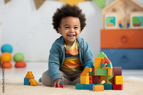 Happy, cute black child playing with toys and having fun.