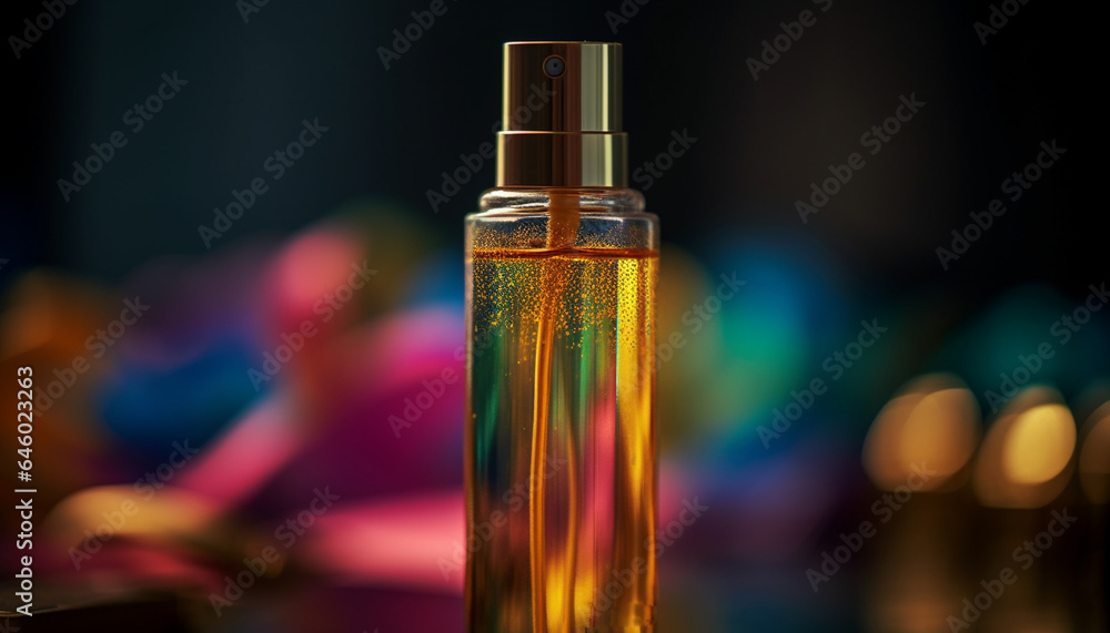 Naklejka premium Aromatherapy oil bottle, drop of relaxation in nature beauty generated by AI