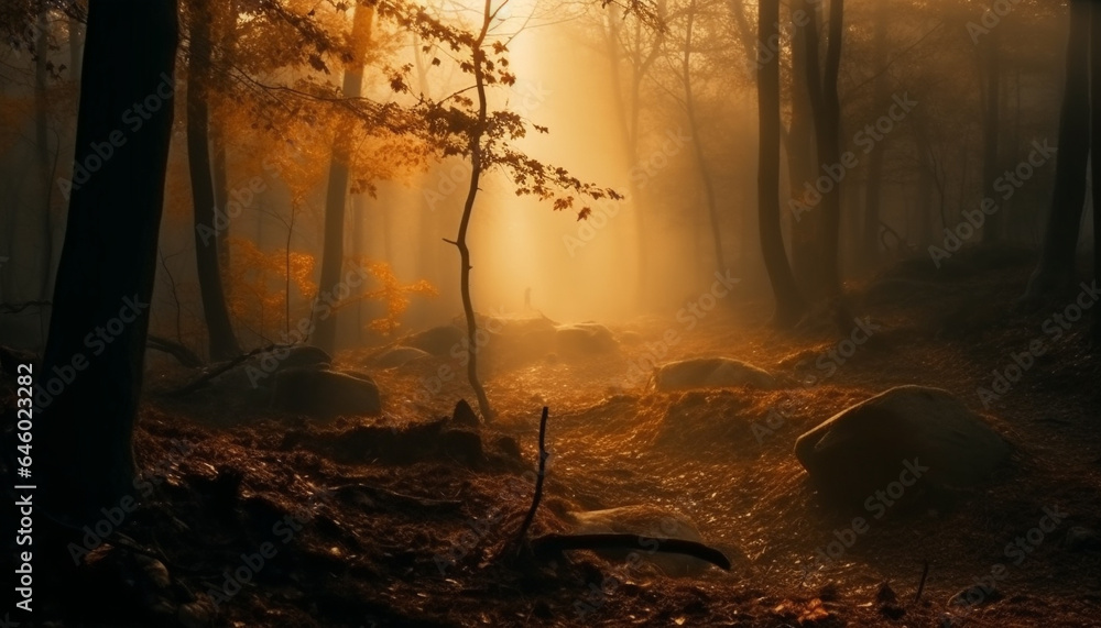 A spooky autumn dawn in a tranquil wilderness area generated by AI A spooky autumn dawn in a tranquil wilderness area generated by AI