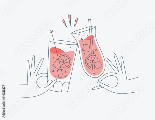 Hand holding pina colada and cuba libre cocktails clinking glasses drawing in flat line style