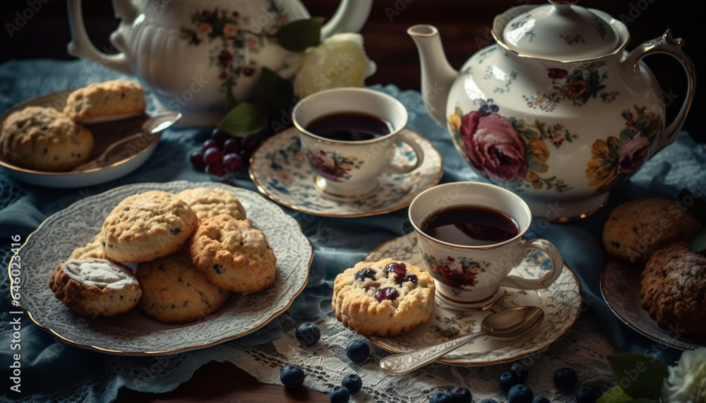 Hot tea and homemade cookies on rustic table, indulgent refreshment generated by AI Hot tea and homemade cookies on rustic table, indulgent refreshment generated by AI