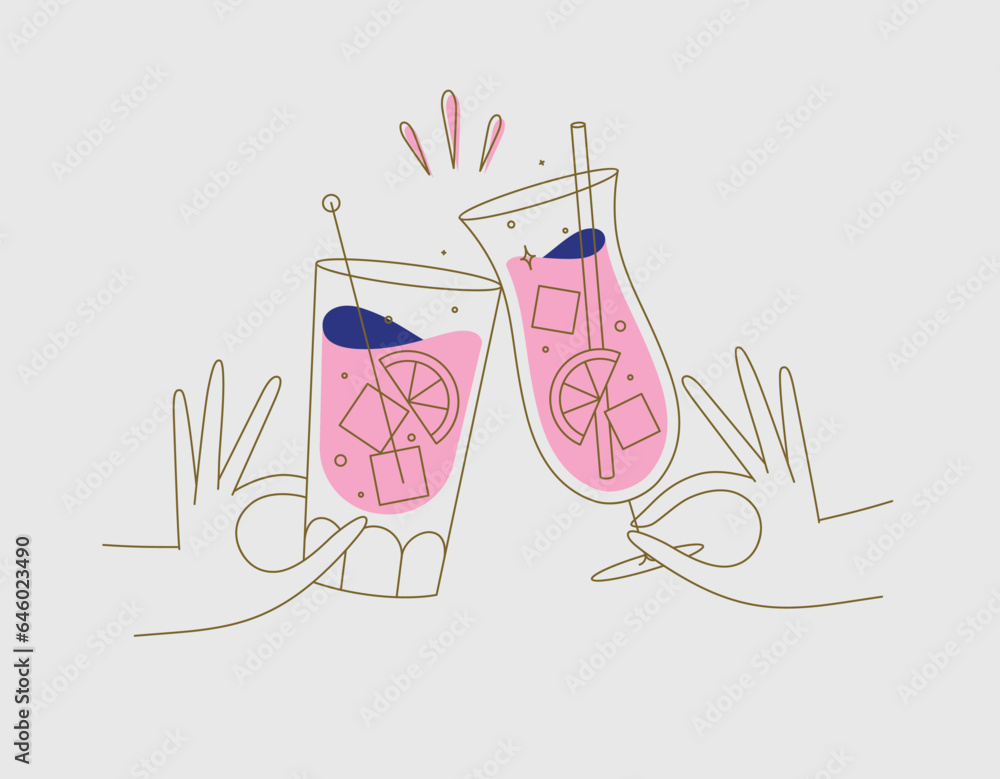 Hand holding pina colada and cuba libre cocktails clinking glasses drawing in flat line style on beige background