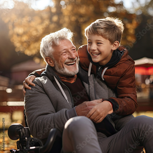 Old Man in a Wheelchair with a Grandson