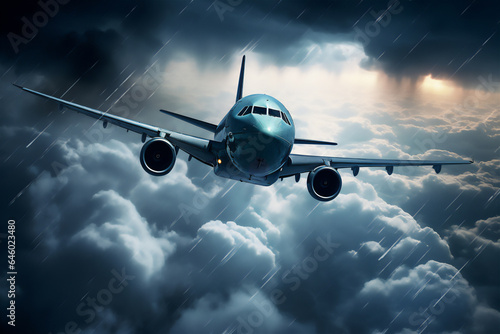 Passenger air plane approaching turbulent thunderstorm lightning