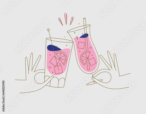 Obraz na płótnie Hand holding pina colada and cuba libre cocktails clinking glasses drawing in flat line style on beige background w salonie