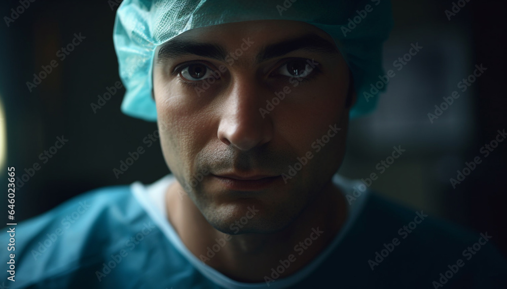 Confident young surgeon in blue cap and surgical mask working indoors generated by AI Confident young surgeon in blue cap and surgical mask working indoors generated by AI