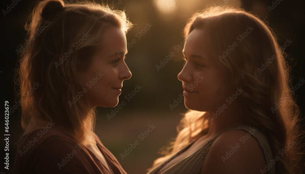 Two young women embracing in nature, enjoying carefree summer sunset generated by AI Two young women embracing in nature, enjoying carefree summer sunset generated by AI
