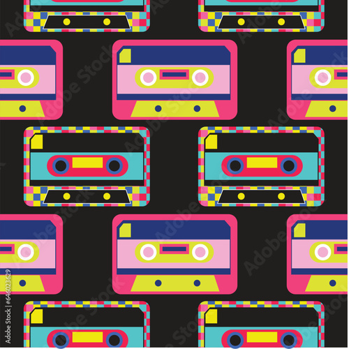 1990s Pop Black Multicolor Audio Cassette Seamless Repeat Pattern. Black yellow pink blue purple nostalgic print. Trends of 2023. 