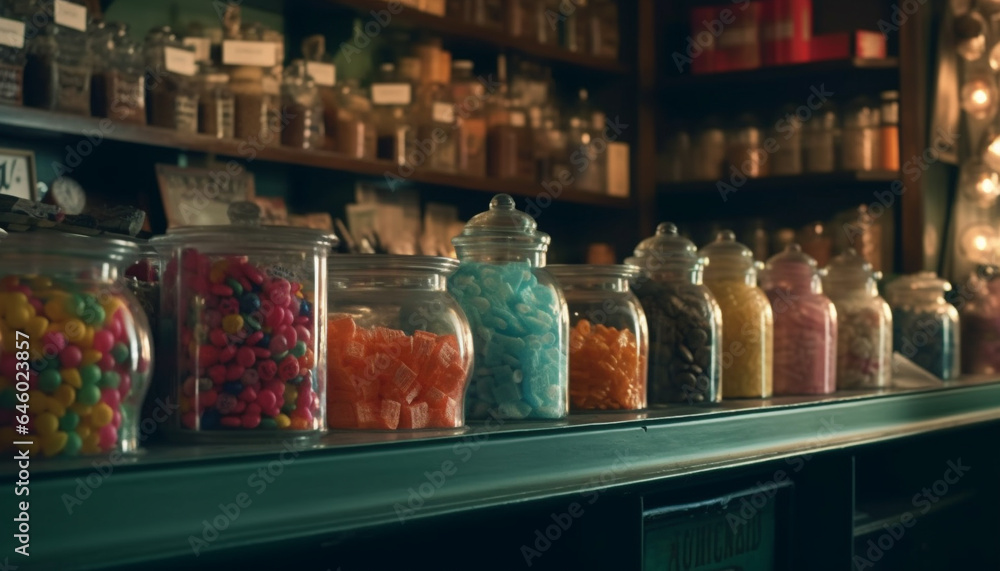 A bright, multi colored candy jar on a shelf in a store generated by AI