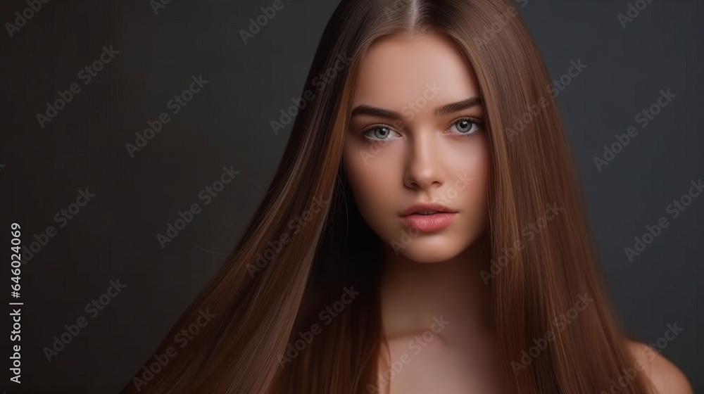 Fototapeta premium Beautiful fashion woman long curly big curls. Hair and makeup, straight long shiny hair. Beauty and hair care
