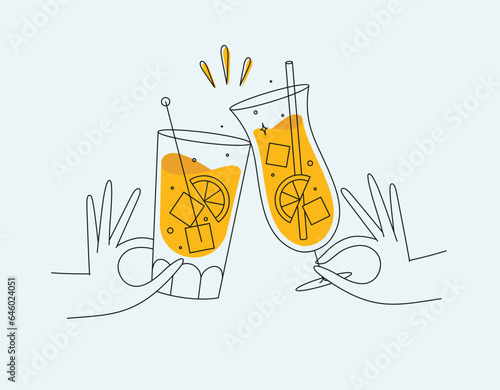 Hand holding pina colada and cuba libre cocktails clinking glasses drawing in flat line style on light background