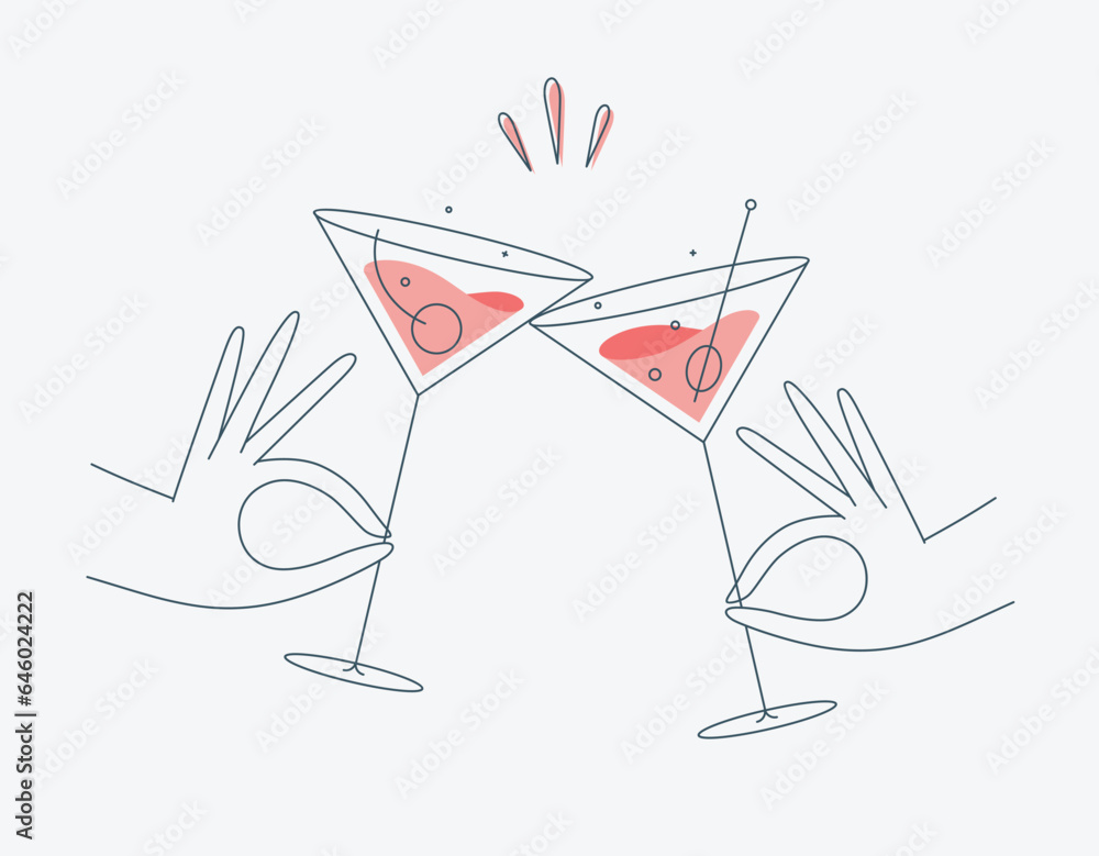 Hand holding cosmopolitan and manhattan cocktails clinking glasses drawing in flat line style - obrazy, fototapety, plakaty 