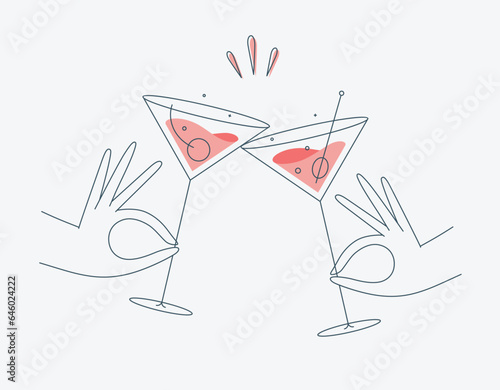 Obraz na płótnie Hand holding cosmopolitan and manhattan cocktails clinking glasses drawing in flat line style w salonie