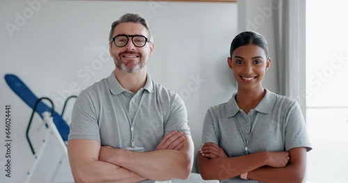 Rehabilitation, physiotherapy team and people with crossed arms for wellness, biokinetics and healthcare. Chiropractor, professional and portrait of man and woman for medical service, care and health photo