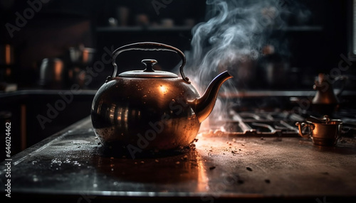 Old fashioned teapot pours hot liquid into antique earthenware cup generated by AI