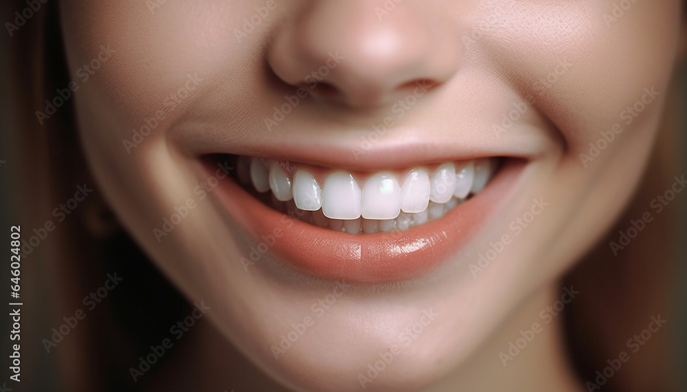 One woman perfect smile braces, beauty products, and dental health generated by AI One woman perfect smile braces, beauty products, and dental health generated by AI