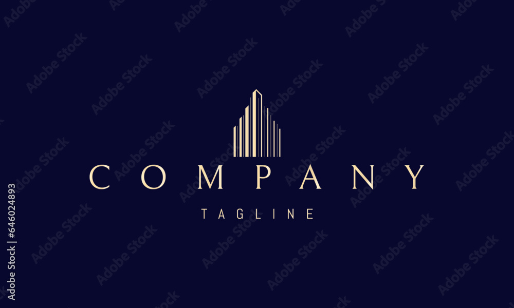 A vector golden logo with an abstract image of a skyscraper in a linear minimalist style. A vector golden logo with an abstract image of a skyscraper in a linear minimalist style.