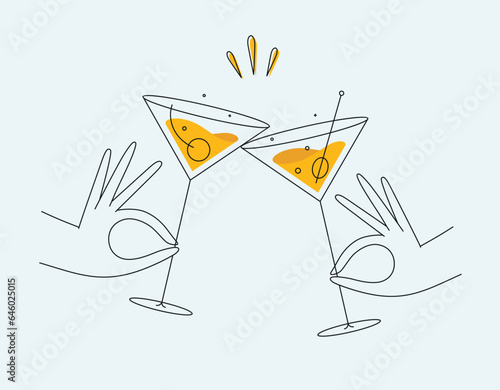 Hand holding cosmopolitan and manhattan cocktails clinking glasses drawing in flat line style on light background