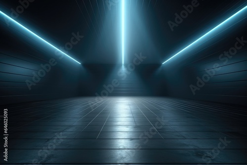 Empty cyberspace room and smooth floor with interesting light glare Background. interior advertising. Generative AI.