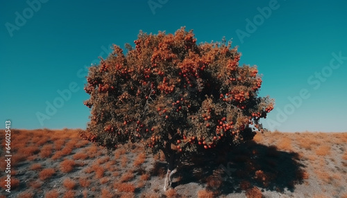 Sunset over the mountain, ripe fruit on bush, beauty in nature generated by AI photo