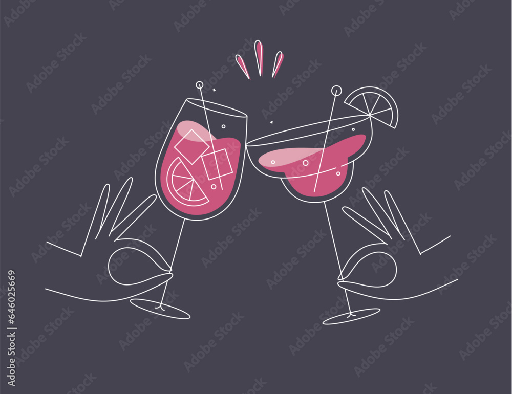 Hand holding margarita and sprits cocktails clinking glasses drawing in flat line style on dark blue background