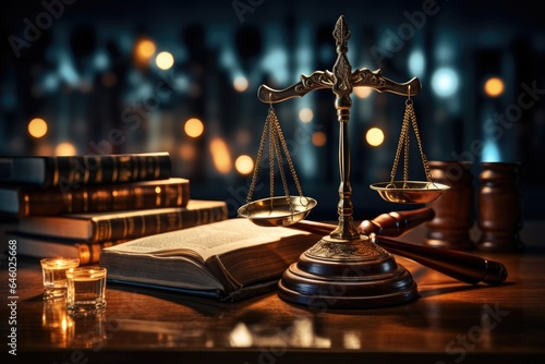 Justice and legal book on wooden table, legal services, advice, Justice concept. Generative AI