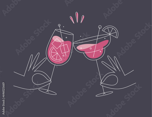 Obraz na płótnie Hand holding margarita and sprits cocktails clinking glasses drawing in flat line style on dark blue background w salonie