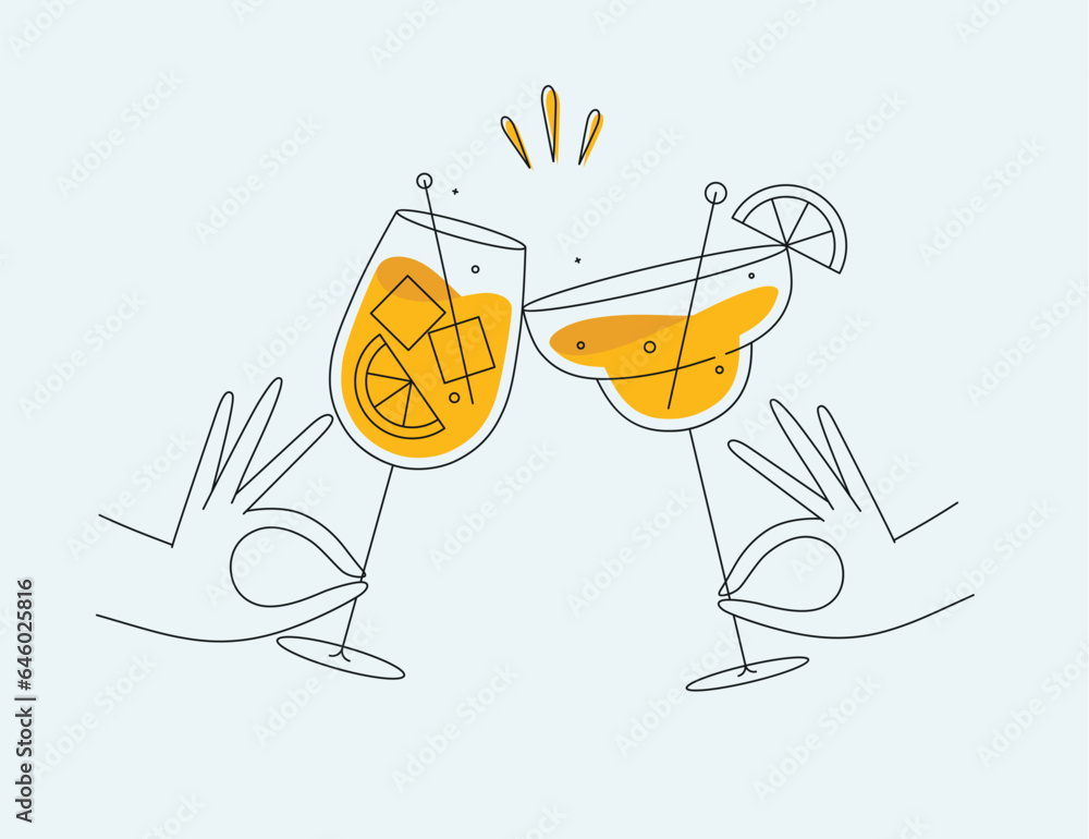 Hand holding margarita and sprits cocktails clinking glasses drawing in flat line style on light background