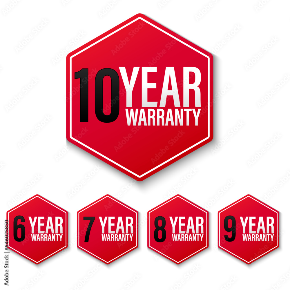 Collection of warranty number 6, 7, 8, 9, 10 year label badge red and white style, Set of warranty logo design isolated on white background, Vector and illustration. Collection of warranty number 6, 7, 8, 9, 10 year label badge red and white style, Set of warranty logo design isolated on white background, Vector and illustration.