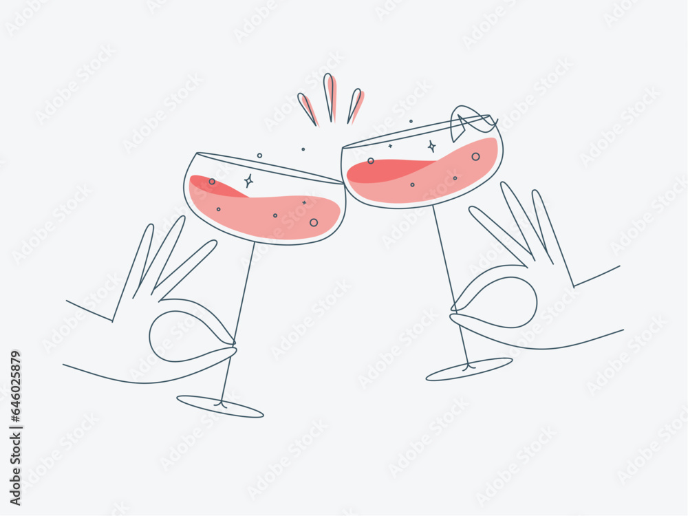 Hand holding daiquiri cocktails clinking glasses drawing in flat line style