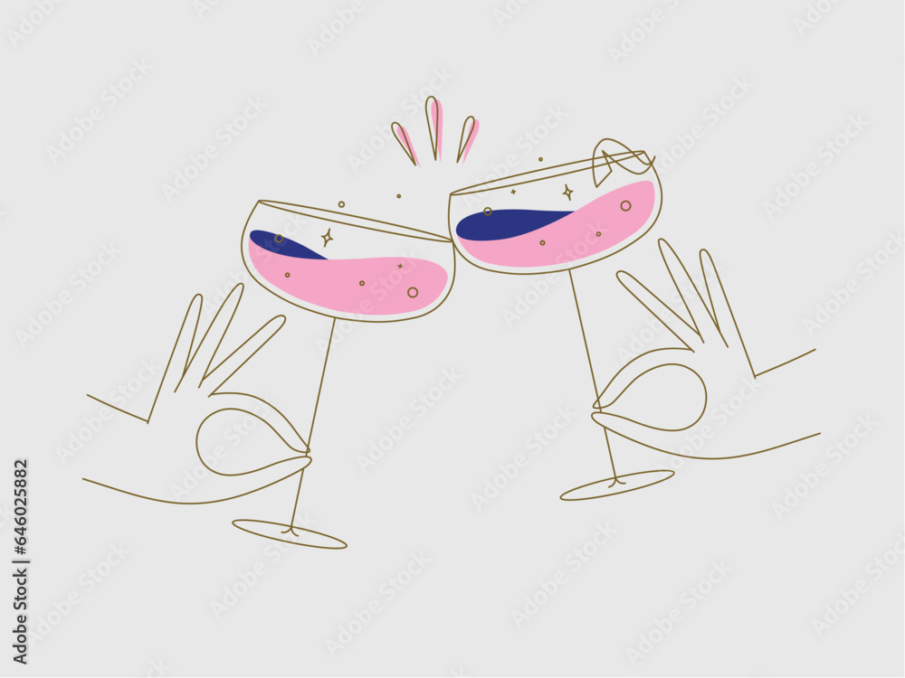 Hand holding daiquiri cocktails clinking glasses drawing in flat line style on beige background