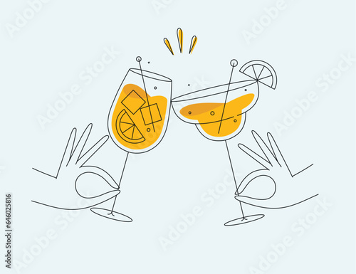 Obraz na płótnie Hand holding margarita and sprits cocktails clinking glasses drawing in flat line style on light background w salonie