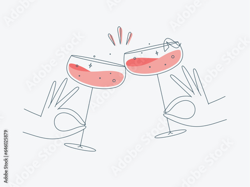 Obraz na płótnie Hand holding daiquiri cocktails clinking glasses drawing in flat line style w salonie