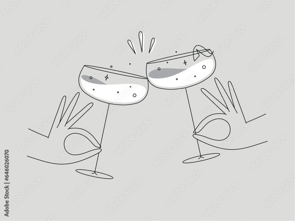 Hand holding daiquiri cocktails clinking glasses drawing in flat line style on grey background