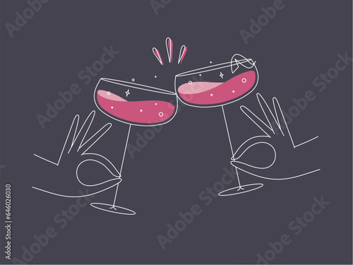 Hand holding daiquiri cocktails clinking glasses drawing in flat line style on dark blue background