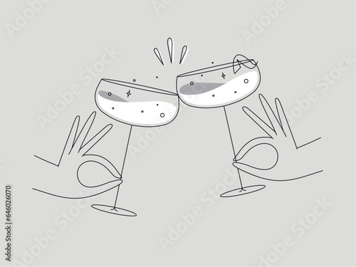 Obraz na płótnie Hand holding daiquiri cocktails clinking glasses drawing in flat line style on grey background w salonie