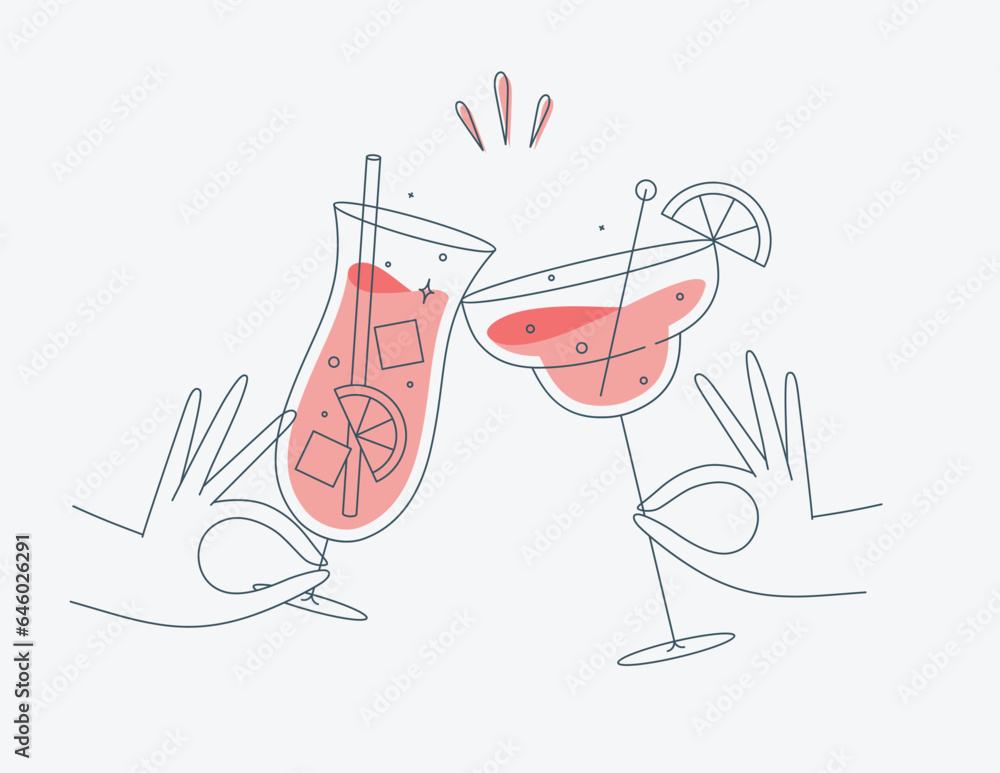 Hand holding pina colada and margarita cocktails clinking glasses drawing in flat line style