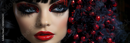 Stunning young woman with glossy red lips and glamorous smoky eyes make up