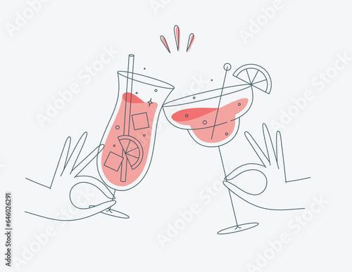 Obraz na płótnie Hand holding pina colada and margarita cocktails clinking glasses drawing in flat line style w salonie