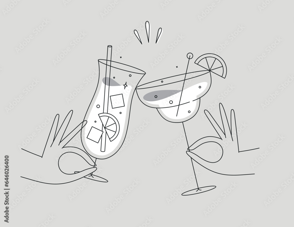 Hand holding pina colada and margarita cocktails clinking glasses drawing in flat line style on grey background