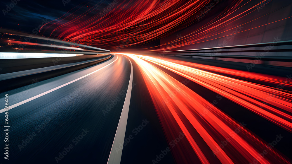 Dynamic perspective of a highway at night, characterized by striking red and white light trails that convey high speed and motion in an urban setting. Dynamic perspective of a highway at night, characterized by striking red and white light trails that convey high speed and motion in an urban setting.