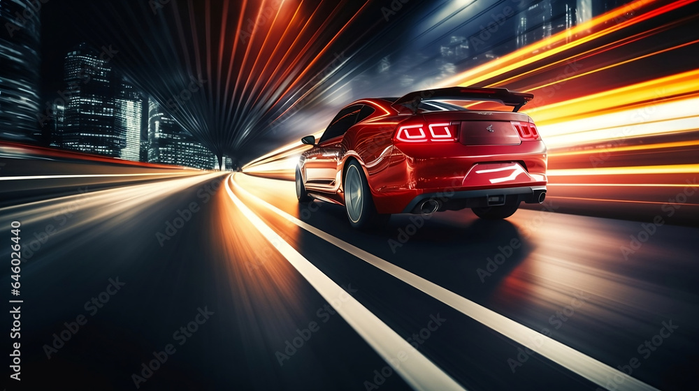 Red sports car speeding along an urban highway at night, with dramatic light trails emphasizing its high velocity and dynamic performance.