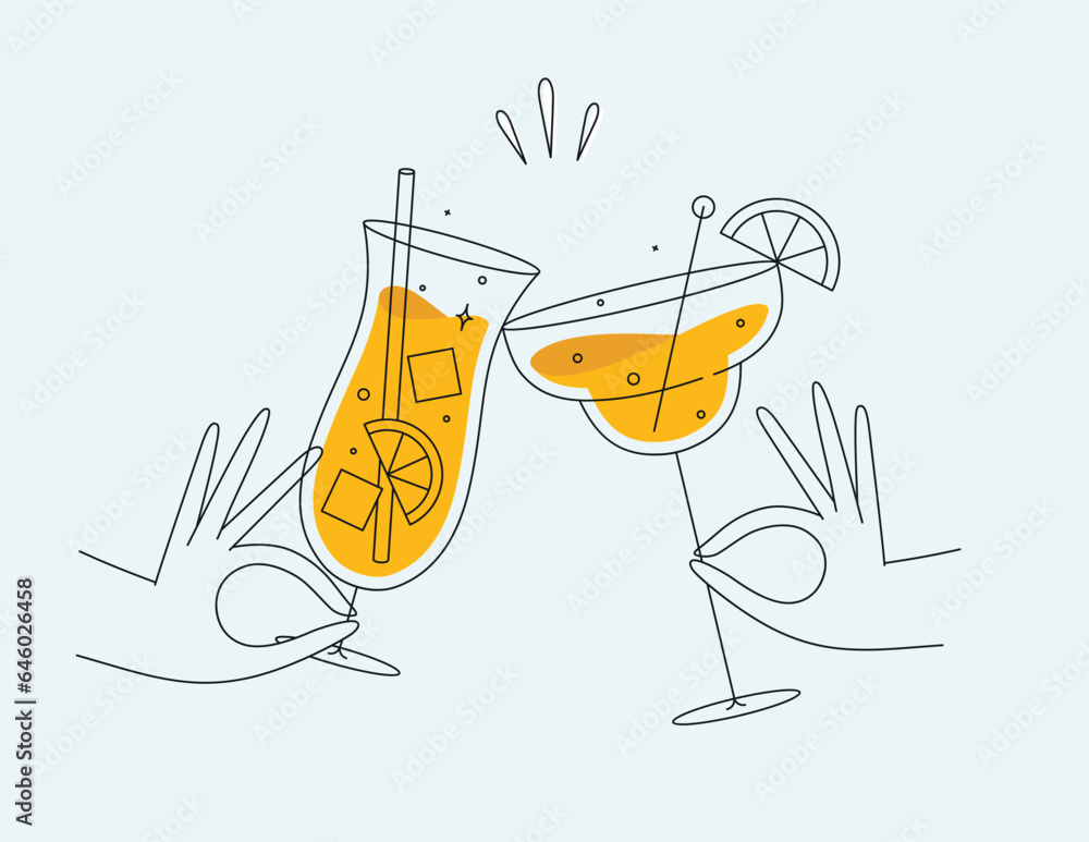 Hand holding pina colada and margarita cocktails clinking glasses drawing in flat line style on light background