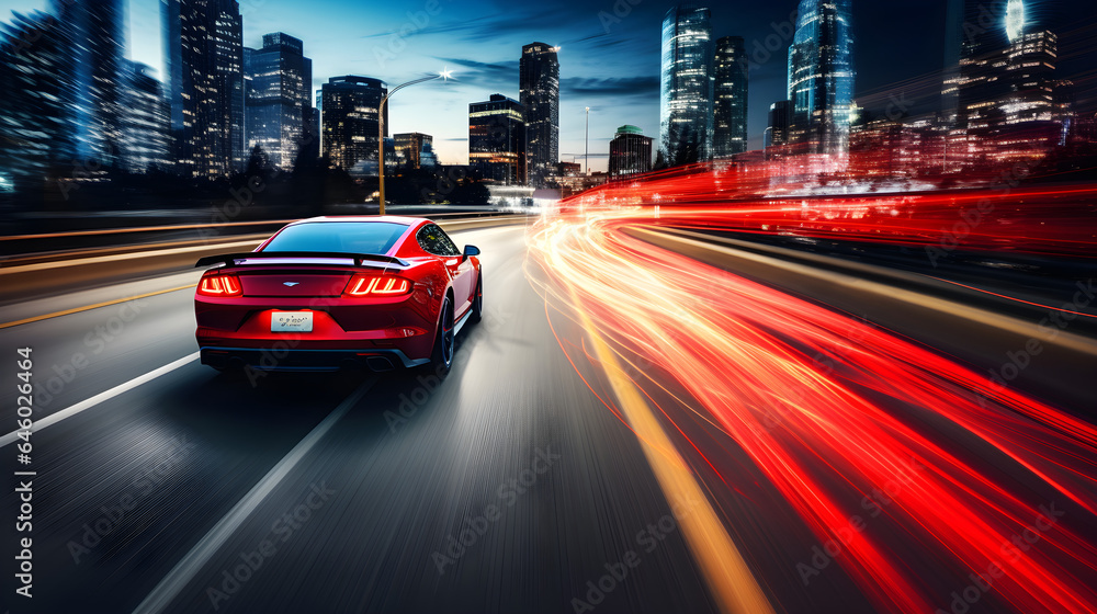 A dynamic shot of a red sports car speeding through a city at night, with blurred lights creating a sense of rapid movement and urban energy.