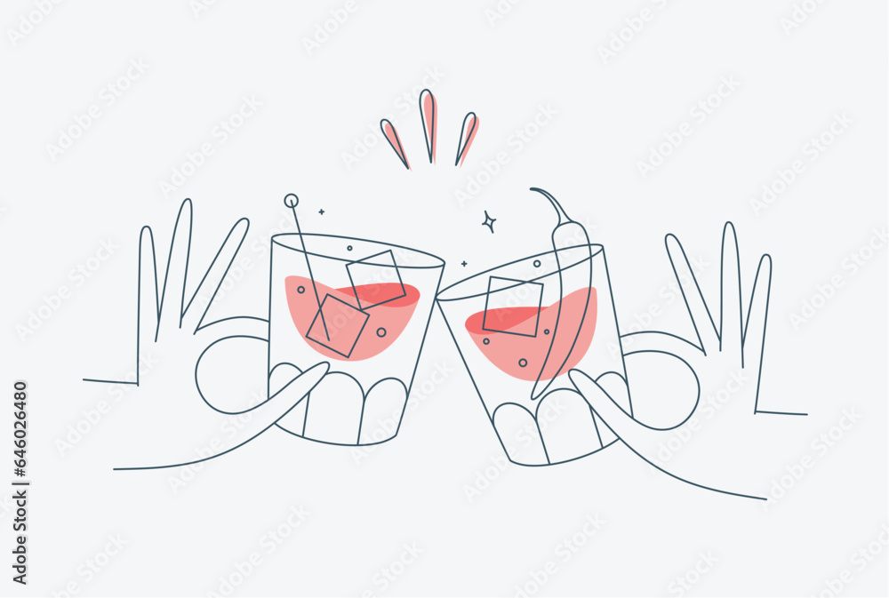 Hand holding whiskey and old fashioned cocktails clinking glasses drawing in flat line style